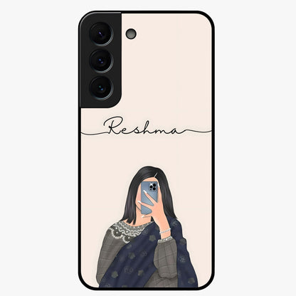 Mirror Mood Muse With Custom Name Glass Case showing flat back view with stylish mirrored artwork and personalized name design.