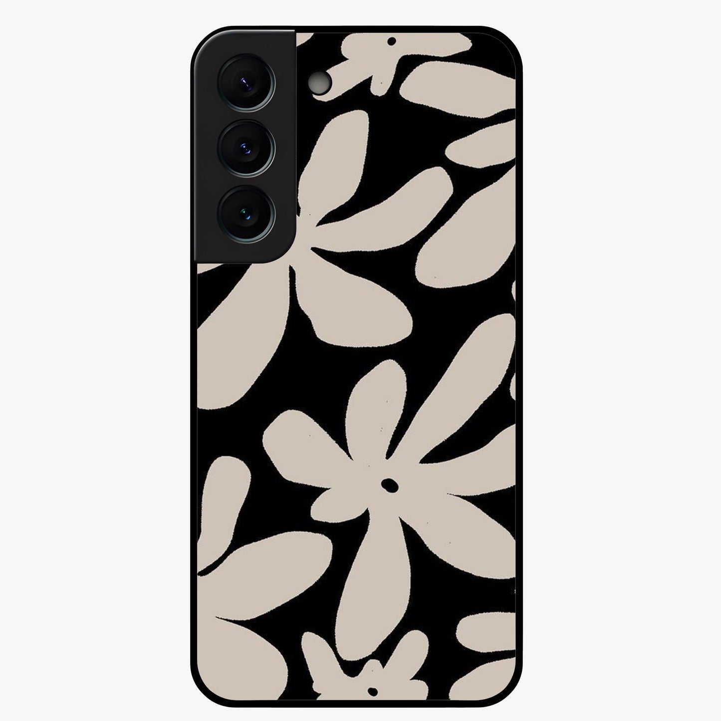 Monochrome Petal Dance Glass Case showing flat back view with monochrome floral artwork and glossy glass finish.