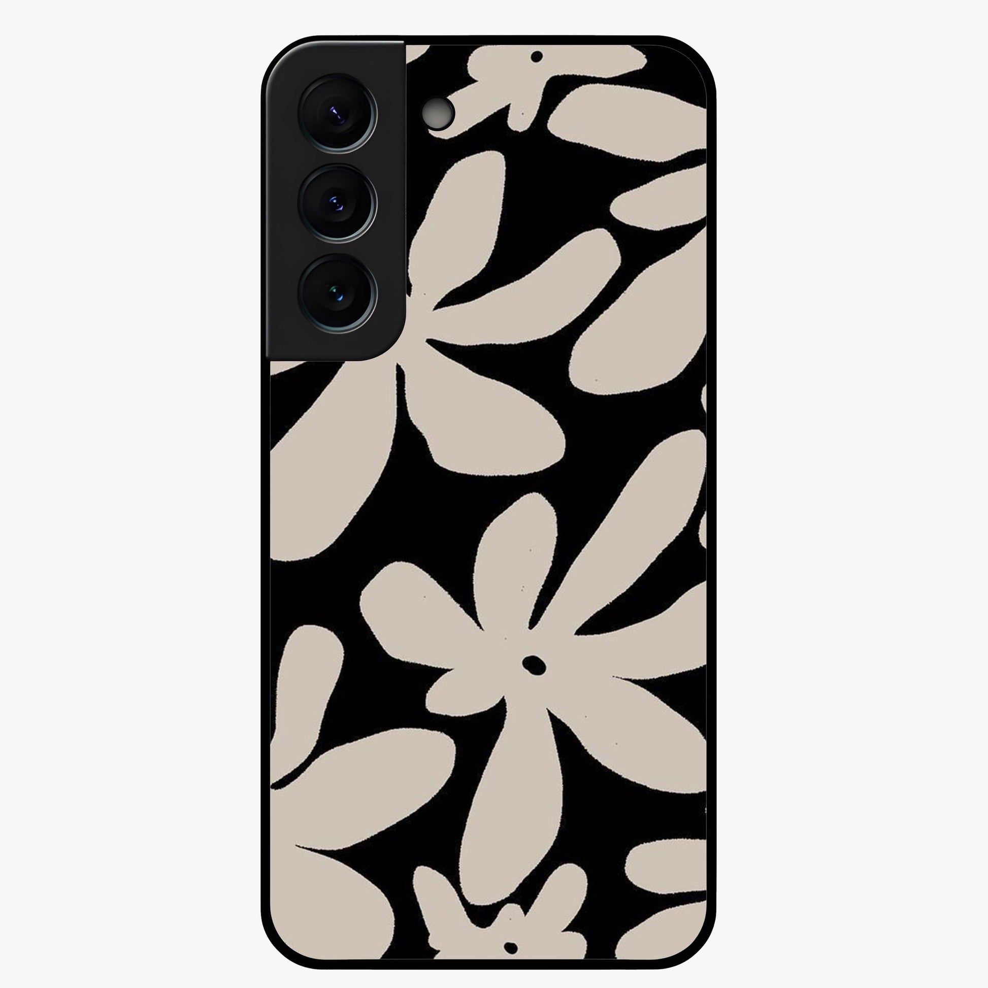 Monochrome Petal Dance Glass Case showing flat back view with monochrome floral artwork and glossy glass finish.
