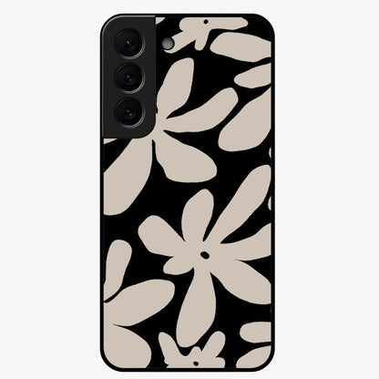 Monochrome Petal Dance Glass Case showing flat back view with monochrome floral artwork and glossy glass finish.