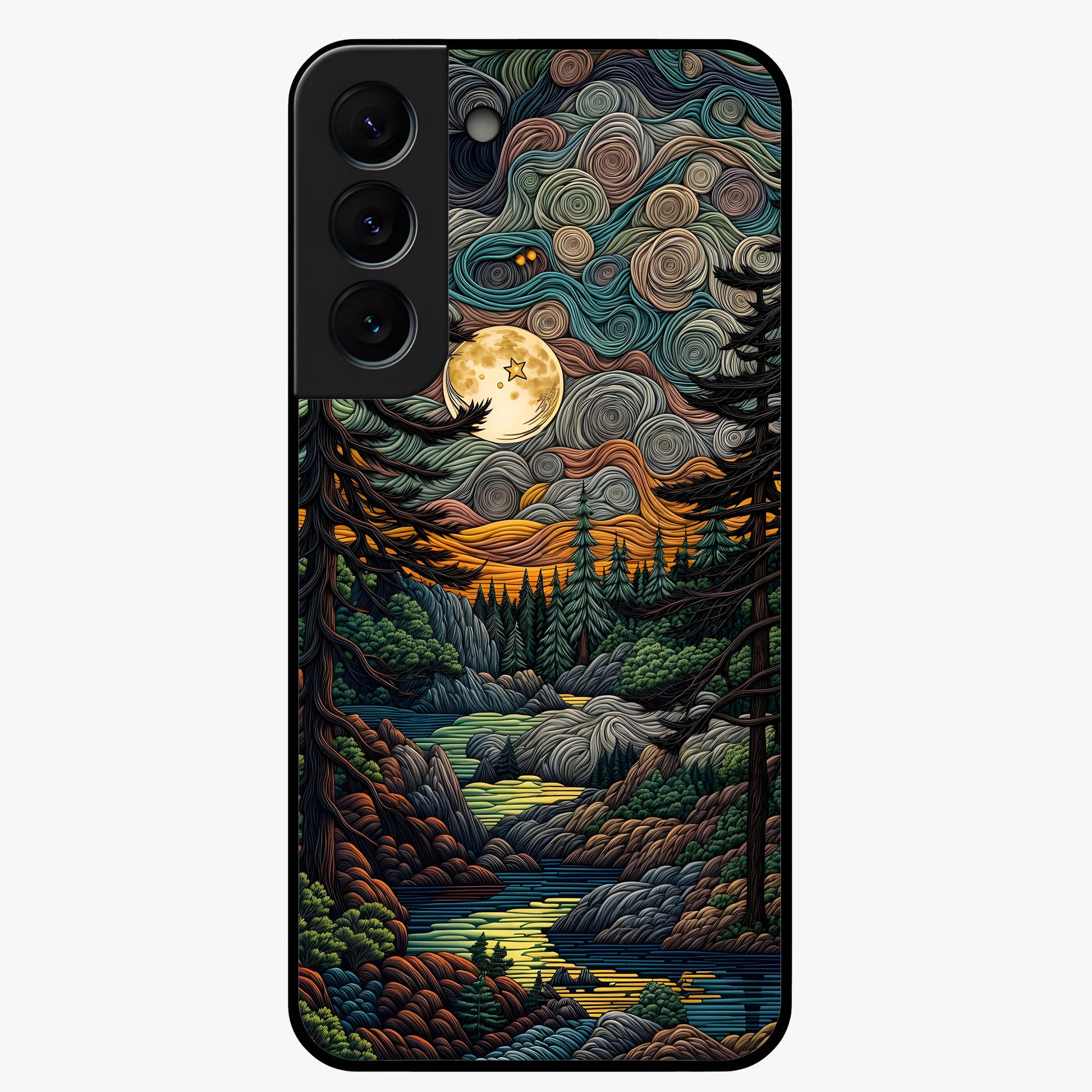 Moonlight Forest Dream Glass Case showing flat back view with mystical forest moonlight artwork and glossy glass finish.