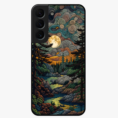 Moonlight Forest Dream Glass Case showing flat back view with mystical forest moonlight artwork and glossy glass finish.