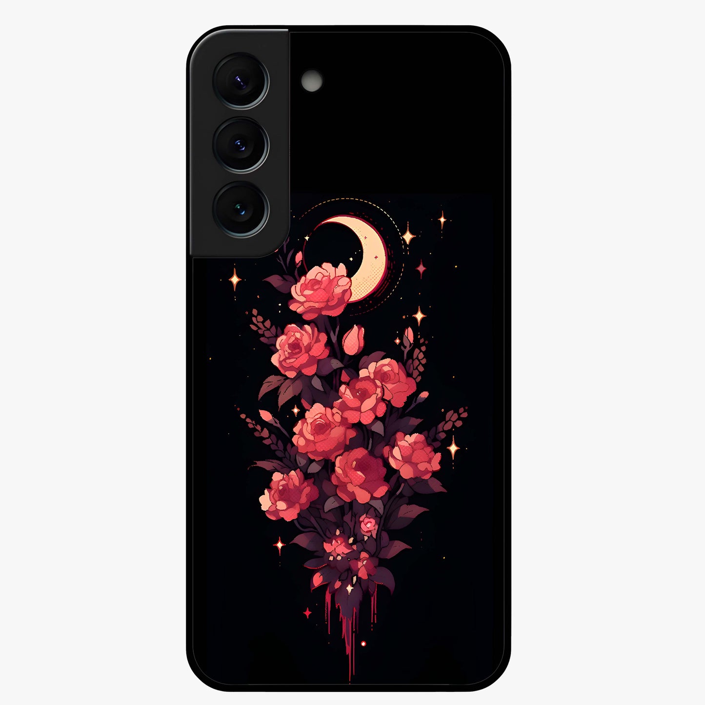 Moonlit Floral Elegance Glass Case showing flat back view with elegant floral artwork under moonlit tones and glossy glass finish.