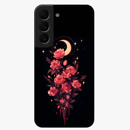 Moonlit Floral Elegance Glass Case showing flat back view with elegant floral artwork under moonlit tones and glossy glass finish.