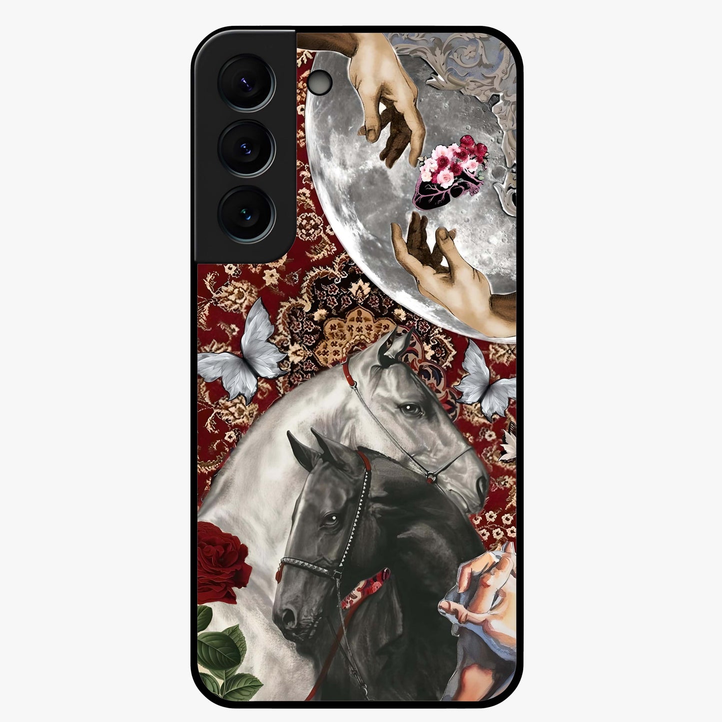Moonlit Royal Stallion Glass Case showing flat back view with majestic horse under moonlight artwork and glossy glass finish.