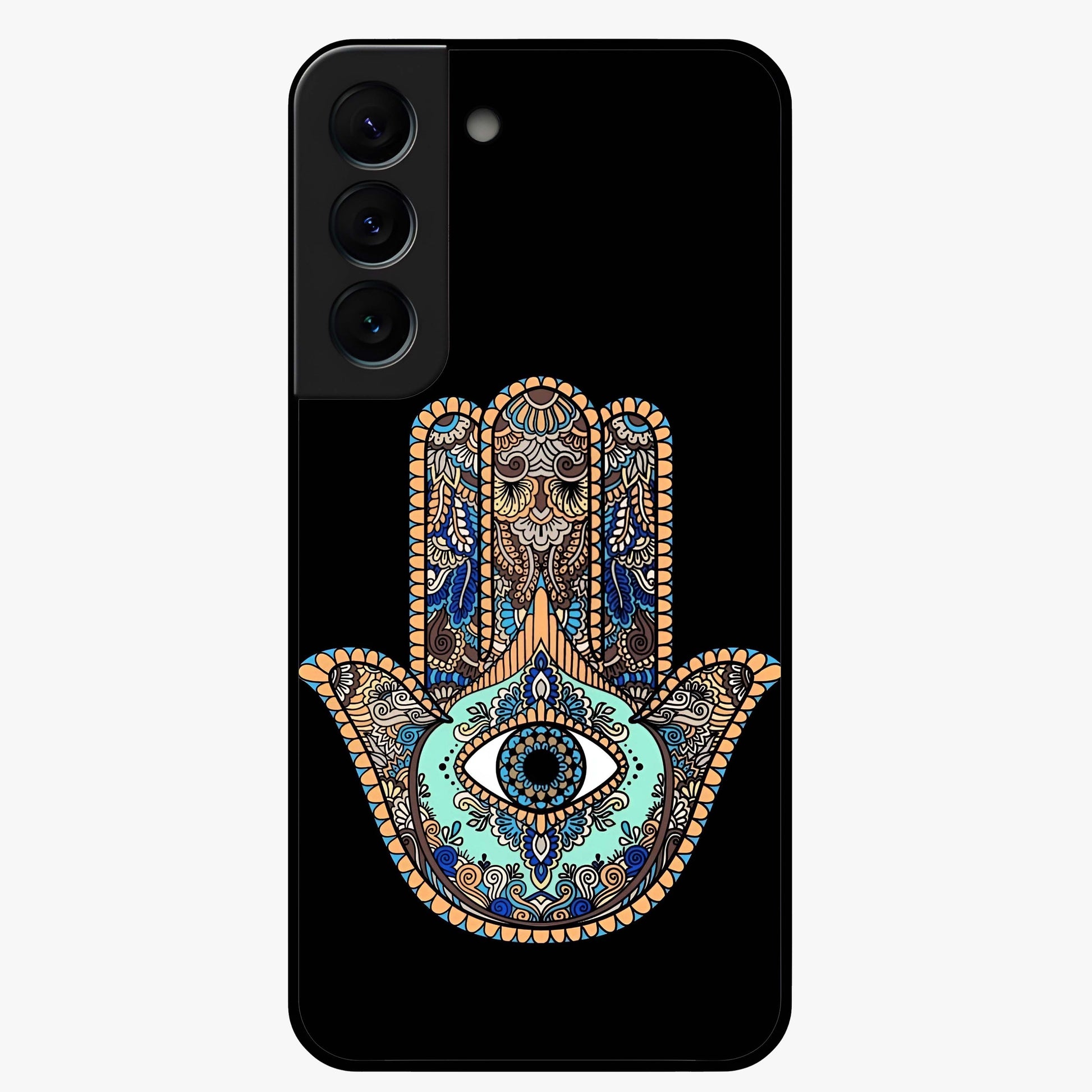 Mystic Hamsa Eye Glass Case showing flat back view with protective hamsa hand and evil eye artwork and glossy glass finish.