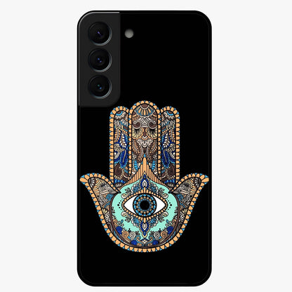 Mystic Hamsa Eye Glass Case showing flat back view with protective hamsa hand and evil eye artwork and glossy glass finish.