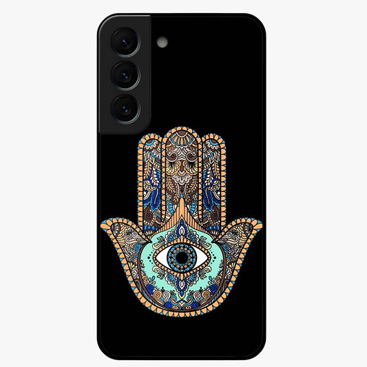Mystic Hamsa Eye Glass Case showing flat back view with protective hamsa hand and evil eye artwork and glossy glass finish.