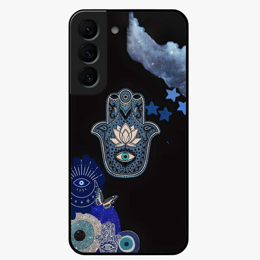 Mystic Hand Aura Glass Case showing flat back view with mystical hand symbol artwork and glossy glass finish.