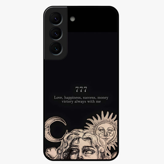 Mystic Victory Aura Glass Case showing flat back view with victory symbol artwork and glossy glass finish.