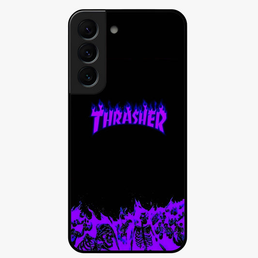 Neon Flame Riot Glass Case showing flat back view with neon flame artwork and glossy glass finish.