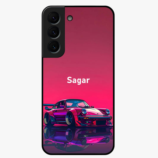 Neon Pink Porsche Glass Case showing flat back view with stylish sports car artwork and glossy glass finish.