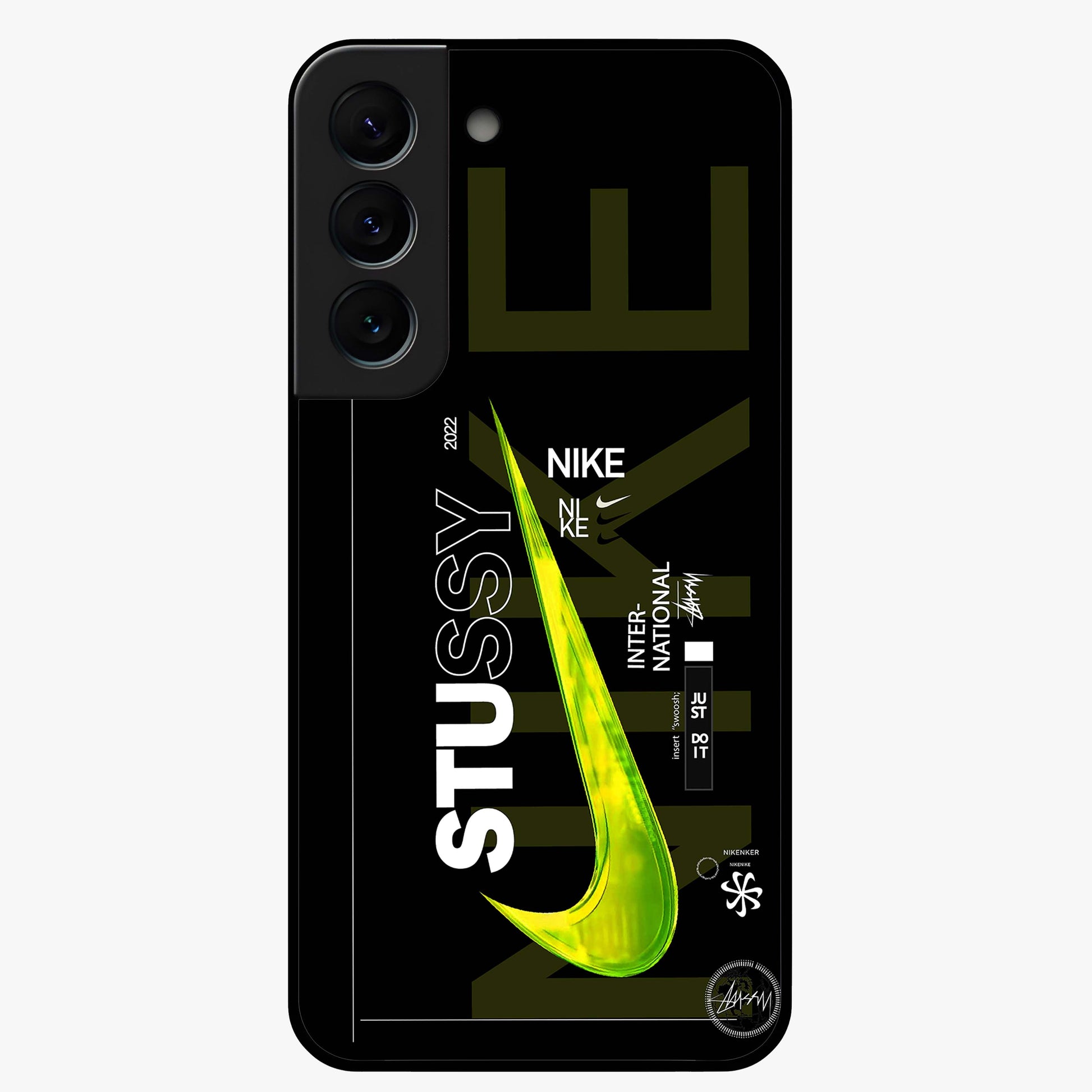 Neon Street Edition Glass Case showing flat back view with neon street style artwork and glossy glass finish.