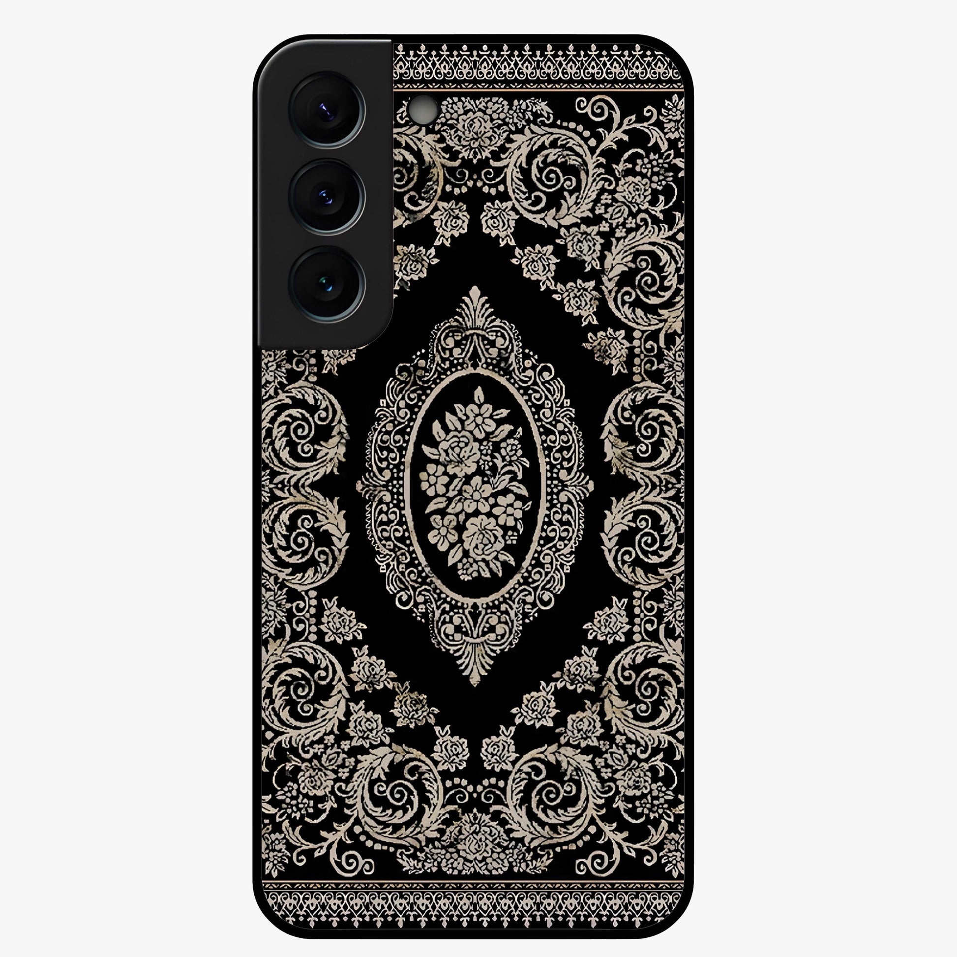 Noir Bloom Elegance Glass Case showing flat back view with elegant dark floral artwork and glossy glass finish.