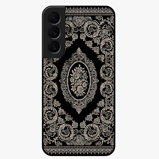 Noir Bloom Elegance Glass Case showing flat back view with elegant dark floral artwork and glossy glass finish.
