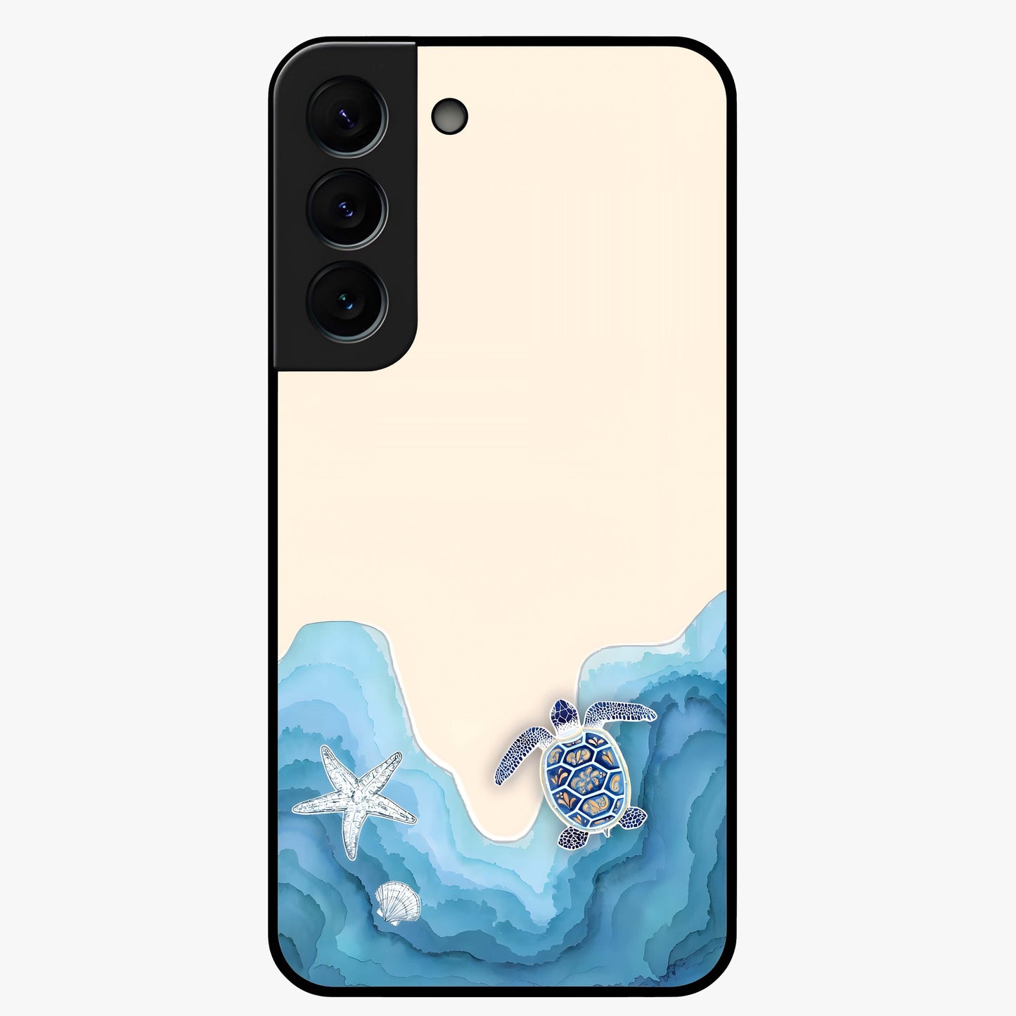 Ocean Drift Turtle Glass Case showing flat back view with sea turtle artwork and glossy glass finish.
