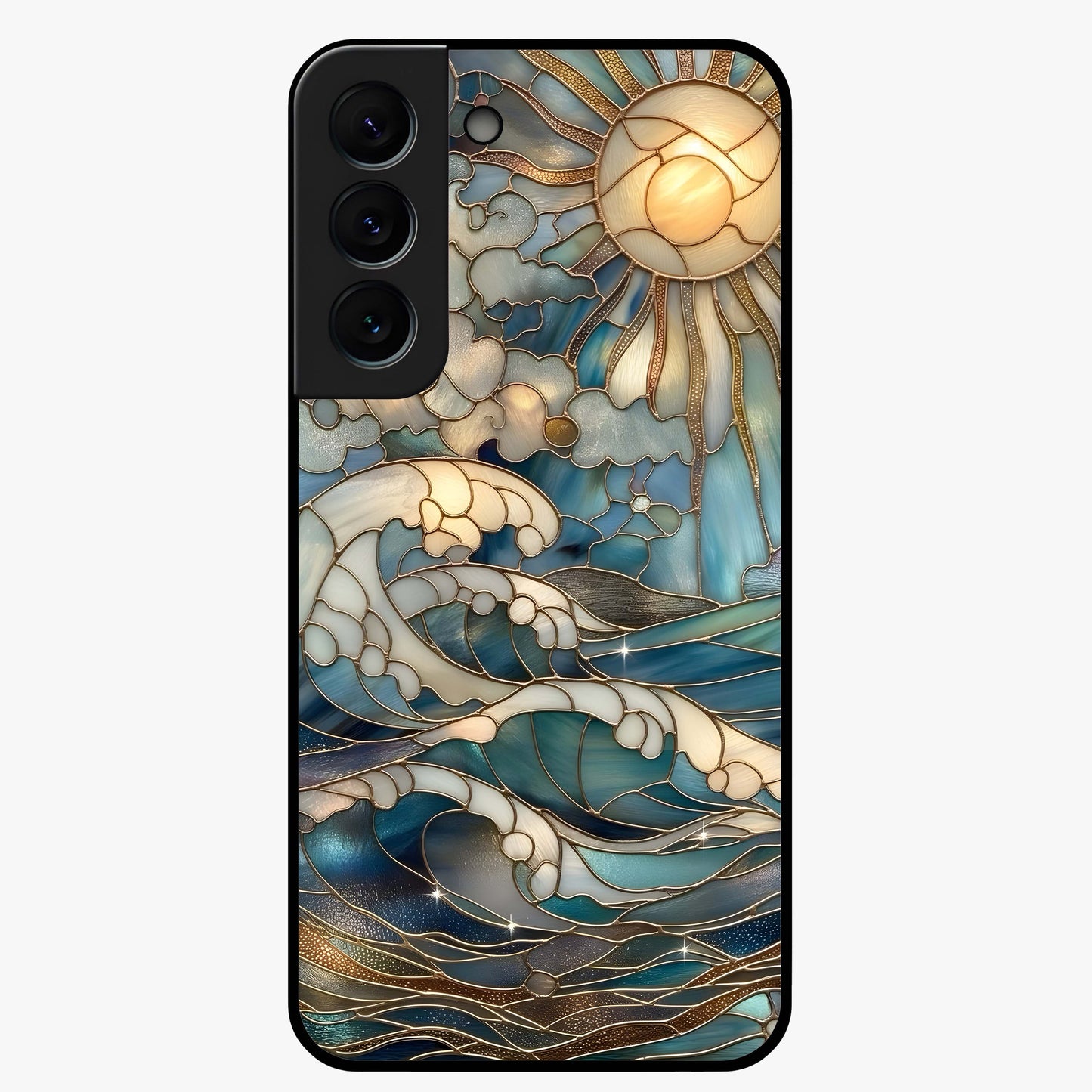 Oceanic Stained Printed Glass Case showing flat back view with ocean inspired stained pattern artwork and glossy glass finish.
