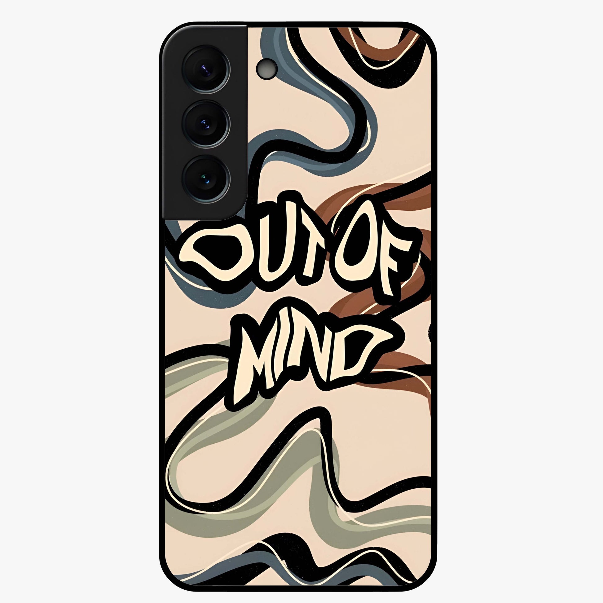 Out Of Mind Glass Case showing flat back view with expressive typography artwork and glossy glass finish.