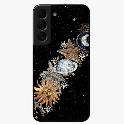 Pearls Universe Object Glass Case showing flat back view with pearl inspired cosmic artwork and glossy glass finish.