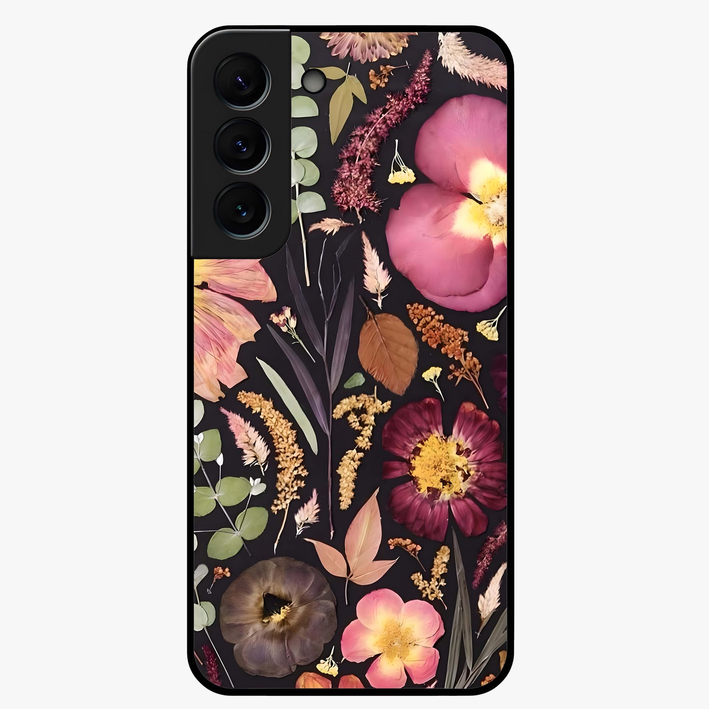 Petal Dream Tapestry Glass Case showing flat back view with intricate floral tapestry artwork and glossy glass finish.