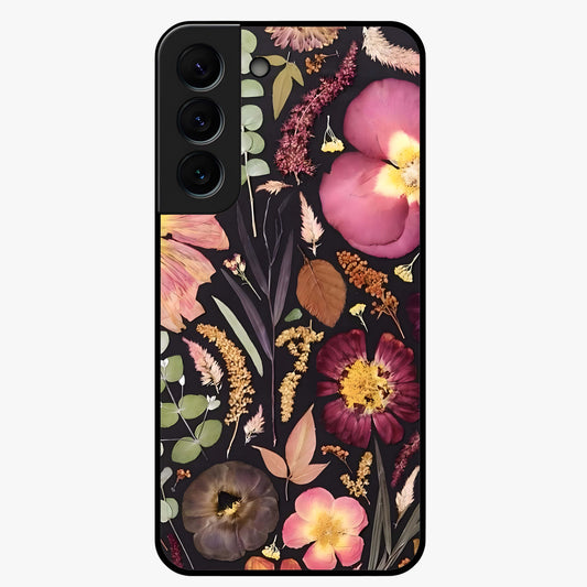 Petal Dream Tapestry Glass Case showing flat back view with intricate floral tapestry artwork and glossy glass finish.