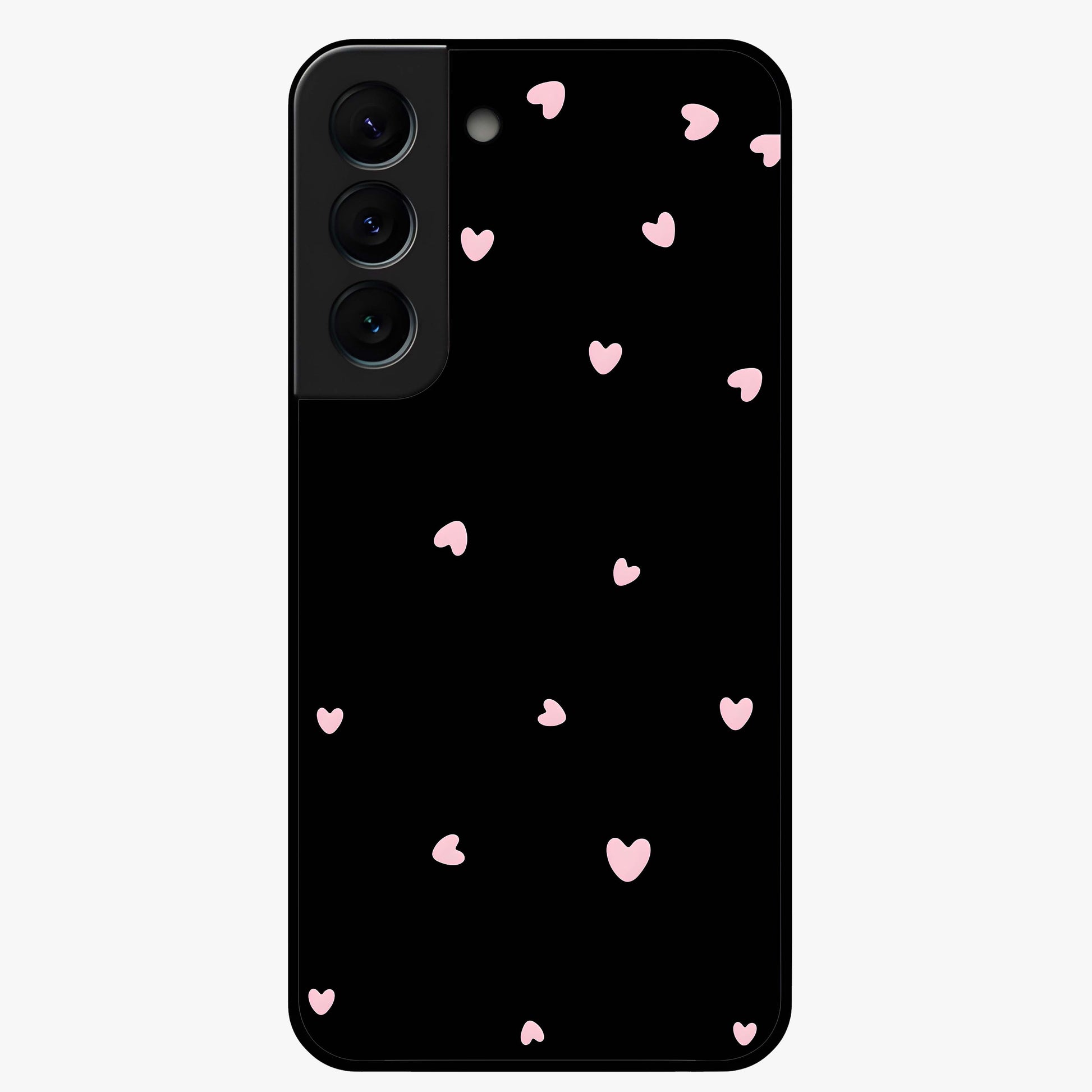 Pink Love Drops Glass Case showing flat back view with playful pink heart drops artwork and glossy glass finish.