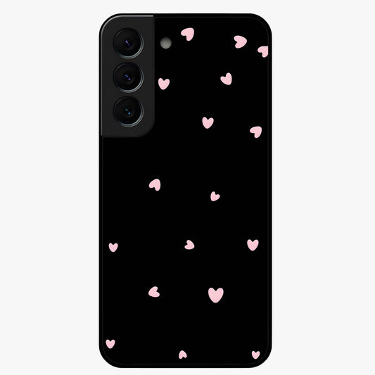 Pink Love Drops Glass Case showing flat back view with playful pink heart drops artwork and glossy glass finish.