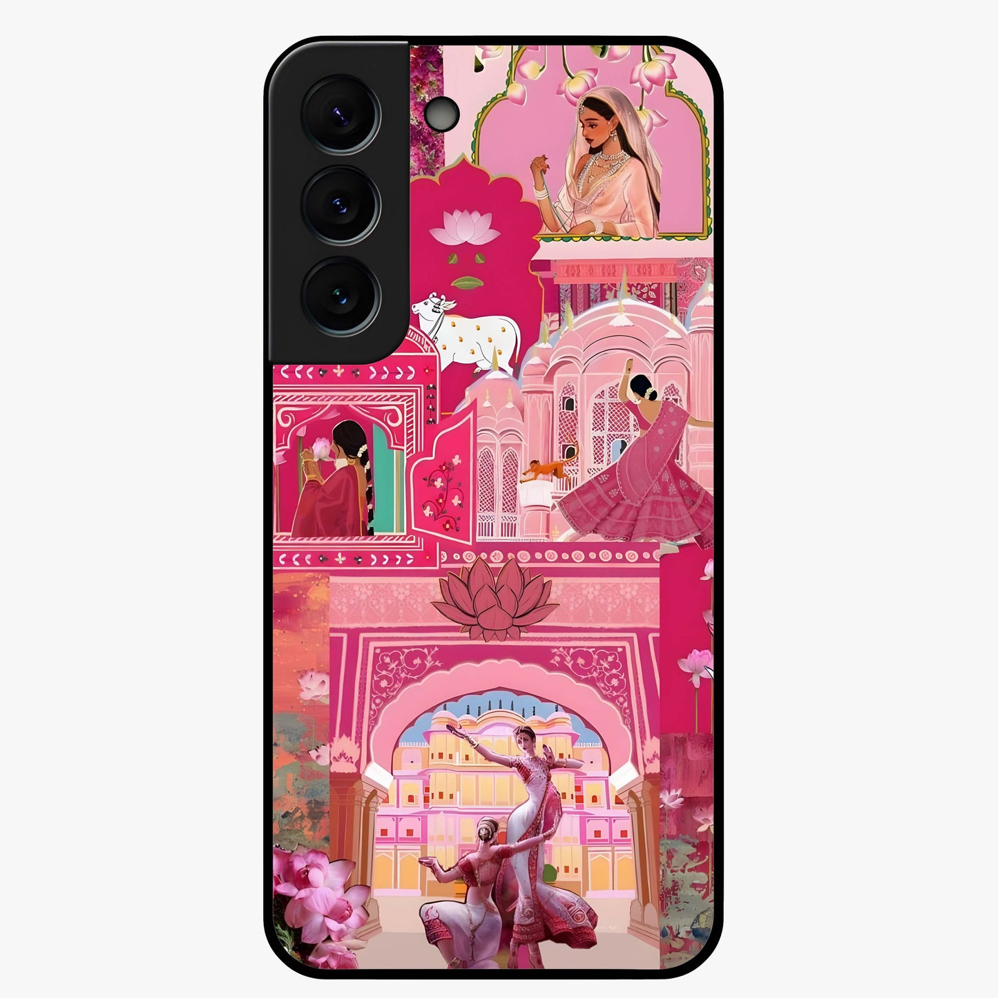 Pink Palace Muse Glass Case showing flat back view with elegant palace inspired artwork and glossy glass finish.