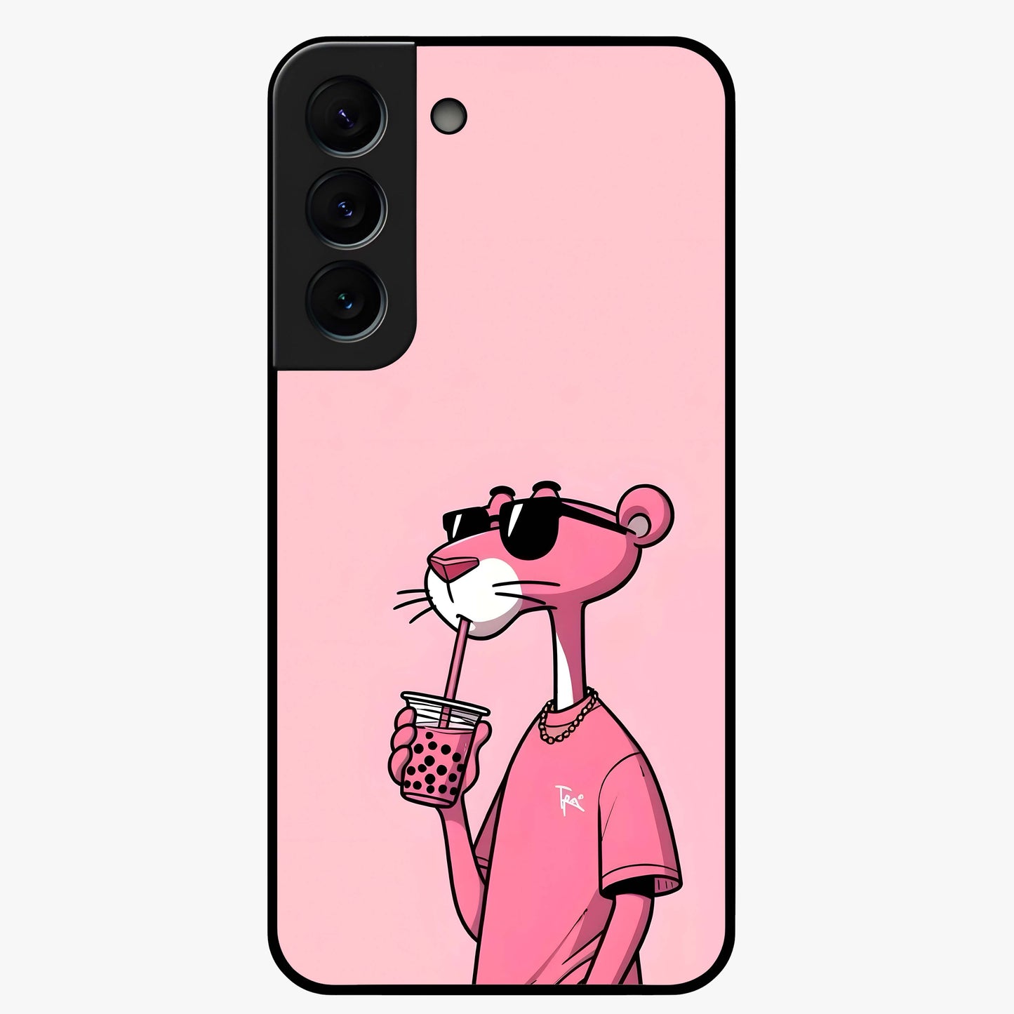 Pink Panther Glass Case showing flat back view with iconic pink panther artwork and glossy glass finish.
