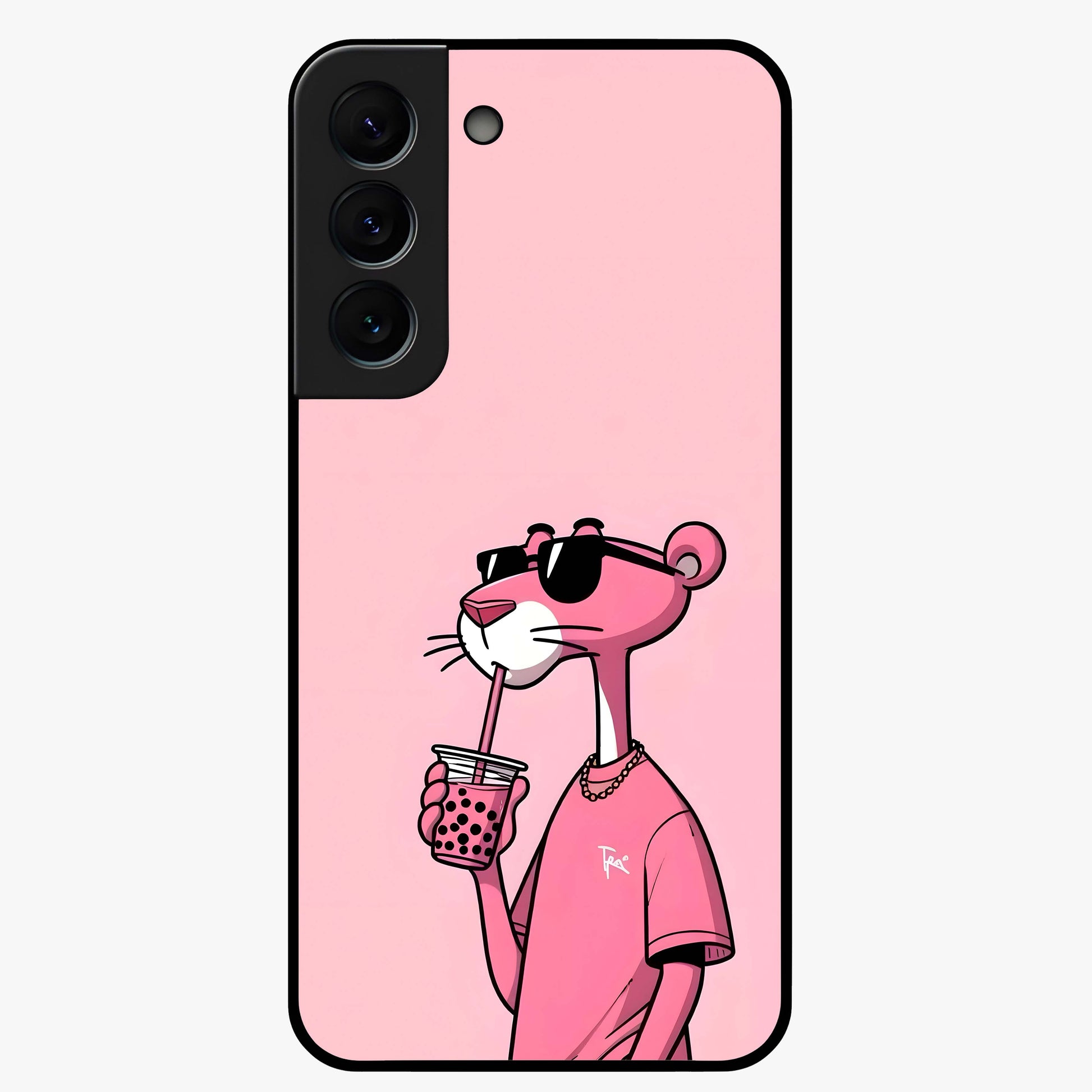 Pink Panther Glass Case showing flat back view with iconic pink panther artwork and glossy glass finish.