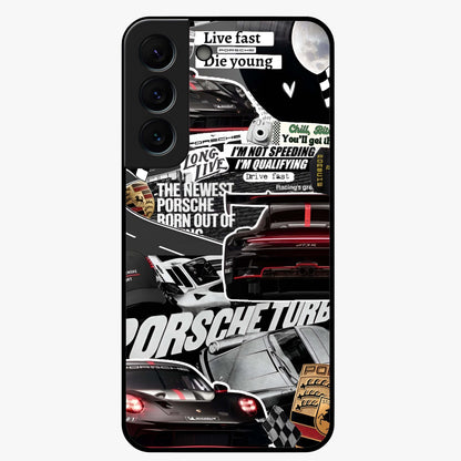 Porsche Racing Collage Glass Case showing flat back view with sports car racing collage artwork and glossy glass finish.