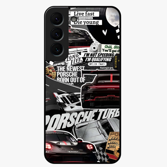 Porsche Racing Collage Glass Case showing flat back view with sports car racing collage artwork and glossy glass finish.