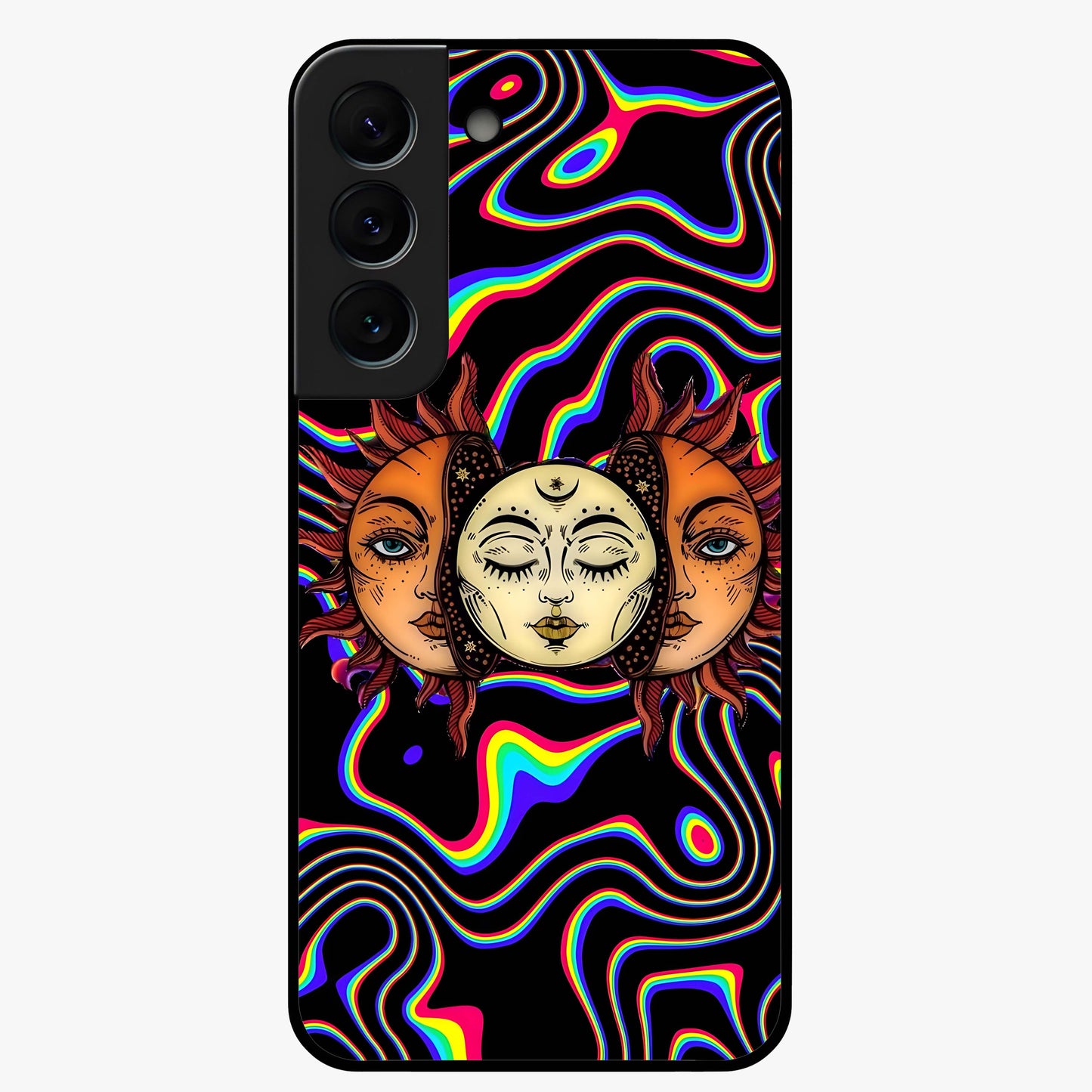 Psychedelic Sun Glass Case showing flat back view with colorful psychedelic sun artwork and glossy glass finish.