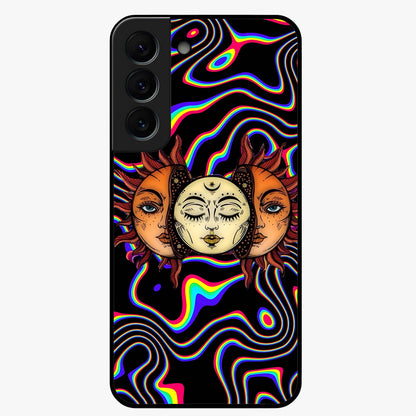 Psychedelic Sun Glass Case showing flat back view with colorful psychedelic sun artwork and glossy glass finish.