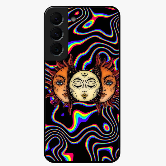 Psychedelic Sun Glass Case showing flat back view with colorful psychedelic sun artwork and glossy glass finish.