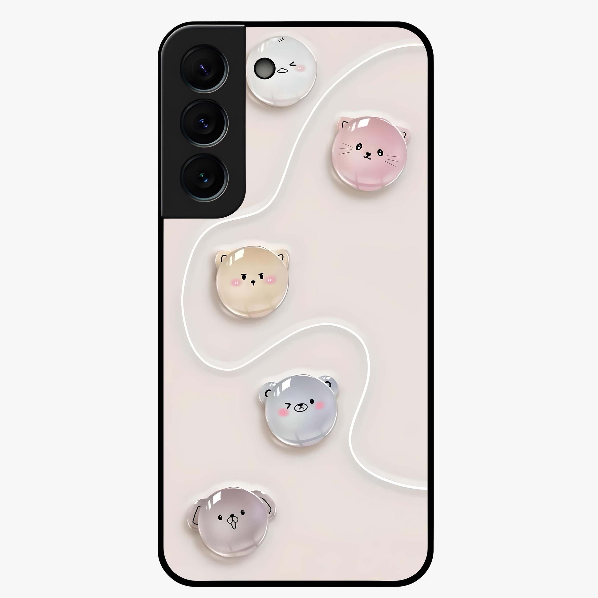 Puffy Face Parade Glass Case showing flat back view with cute puffy character faces artwork and glossy glass finish.