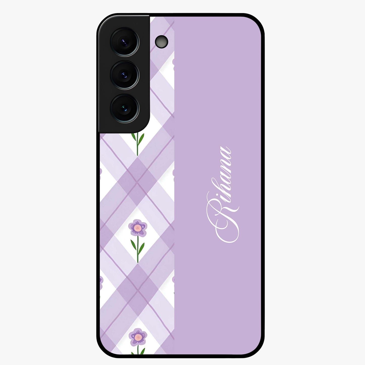 Purple Diamond Floral Glass Case showing flat back view with diamond shaped floral artwork and glossy glass finish.