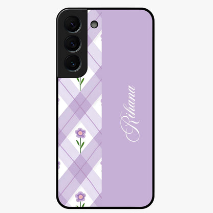 Purple Diamond Floral Glass Case showing flat back view with diamond shaped floral artwork and glossy glass finish.
