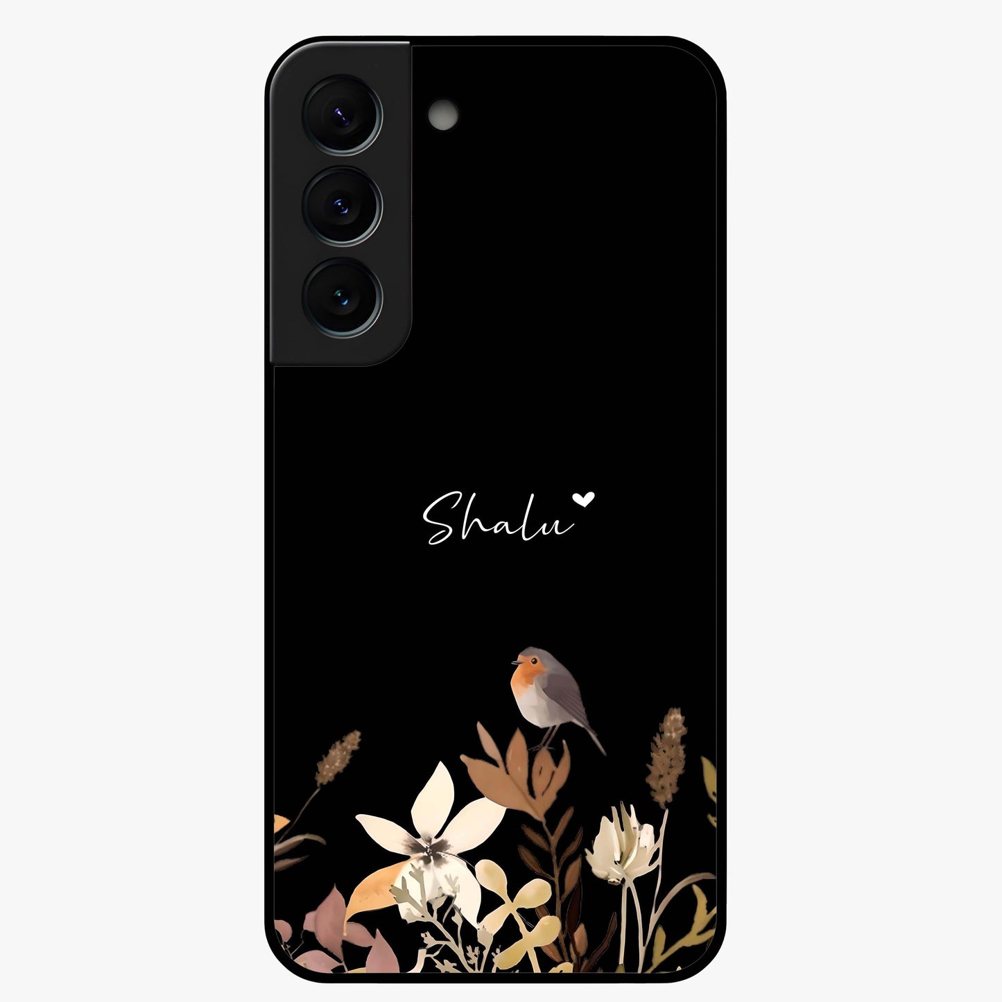 Quiet Garden Tune Custom Name Glass Case showing flat back view with peaceful garden artwork and personalized name design.