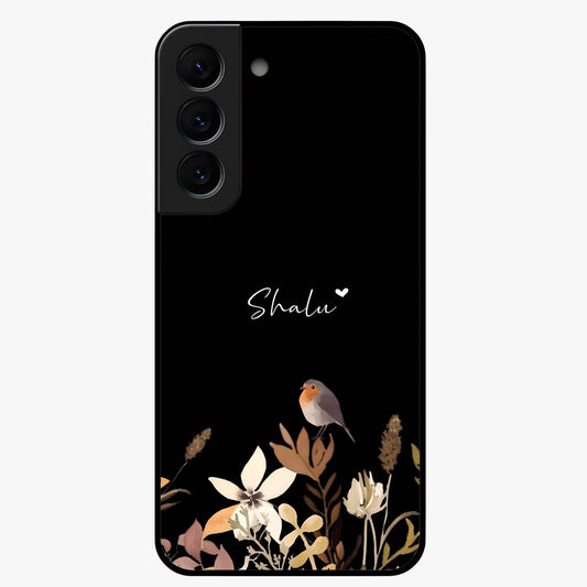 Quiet Garden Tune Custom Name Glass Case showing flat back view with peaceful garden artwork and personalized name design.