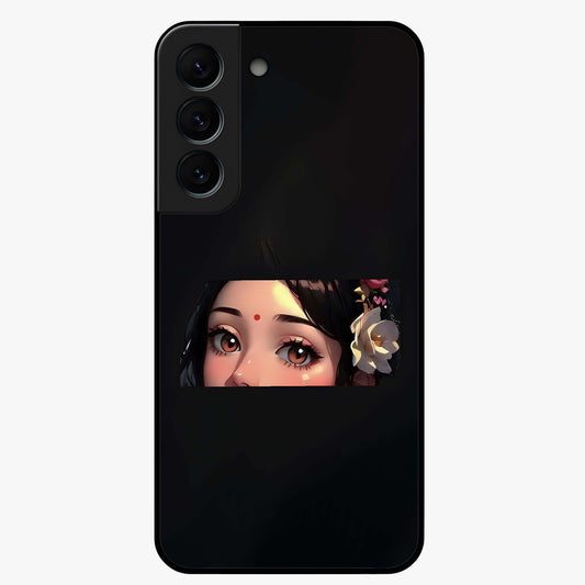 Radha Divine Embrace Glass Case showing flat back view with devotional Radha artwork and glossy glass finish.