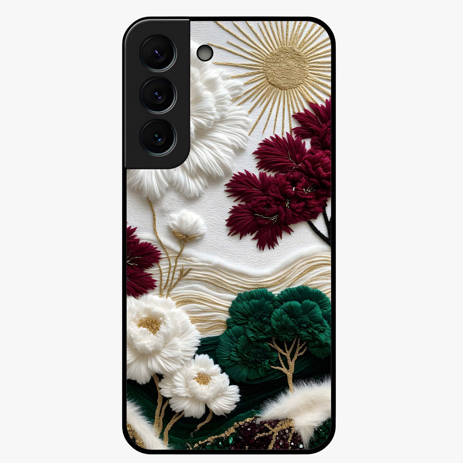 Radiant Bloom Elegance Glass Case showing flat back view with elegant blooming flower artwork and glossy glass finish.
