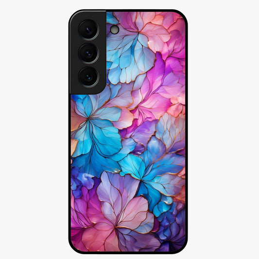 Radiant Floral Whirl Glass Case showing flat back view with swirling floral artwork and glossy glass finish.