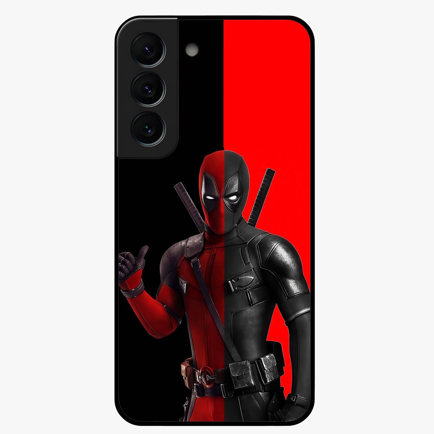 Red & Black Deadpool Theme Glass Case showing flat back view with bold comic inspired artwork and glossy glass finish.