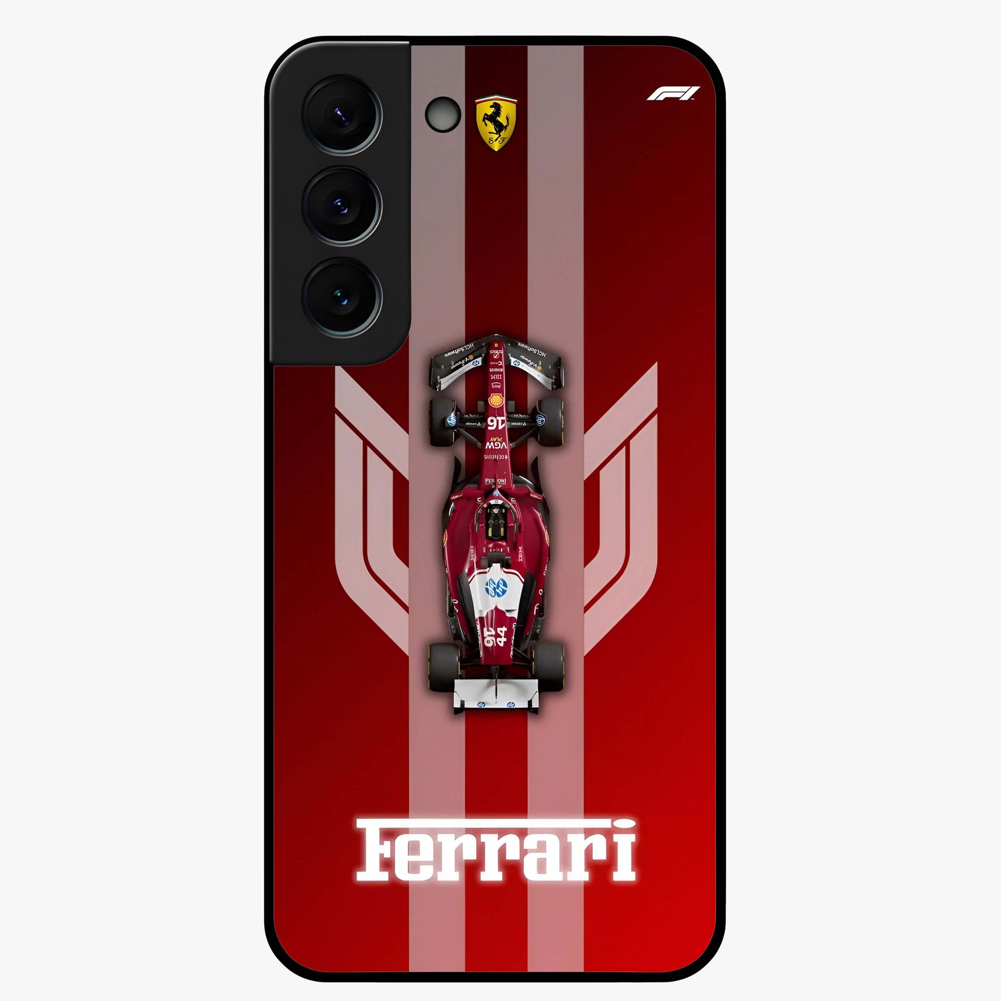 Red Ferrari F1 Vertical Glass Case showing flat back view with sleek Formula racing car artwork and glossy glass finish.