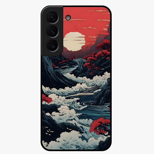 Red Sunset Scenery Glass Case showing flat back view with vibrant sunset landscape artwork and glossy glass finish.