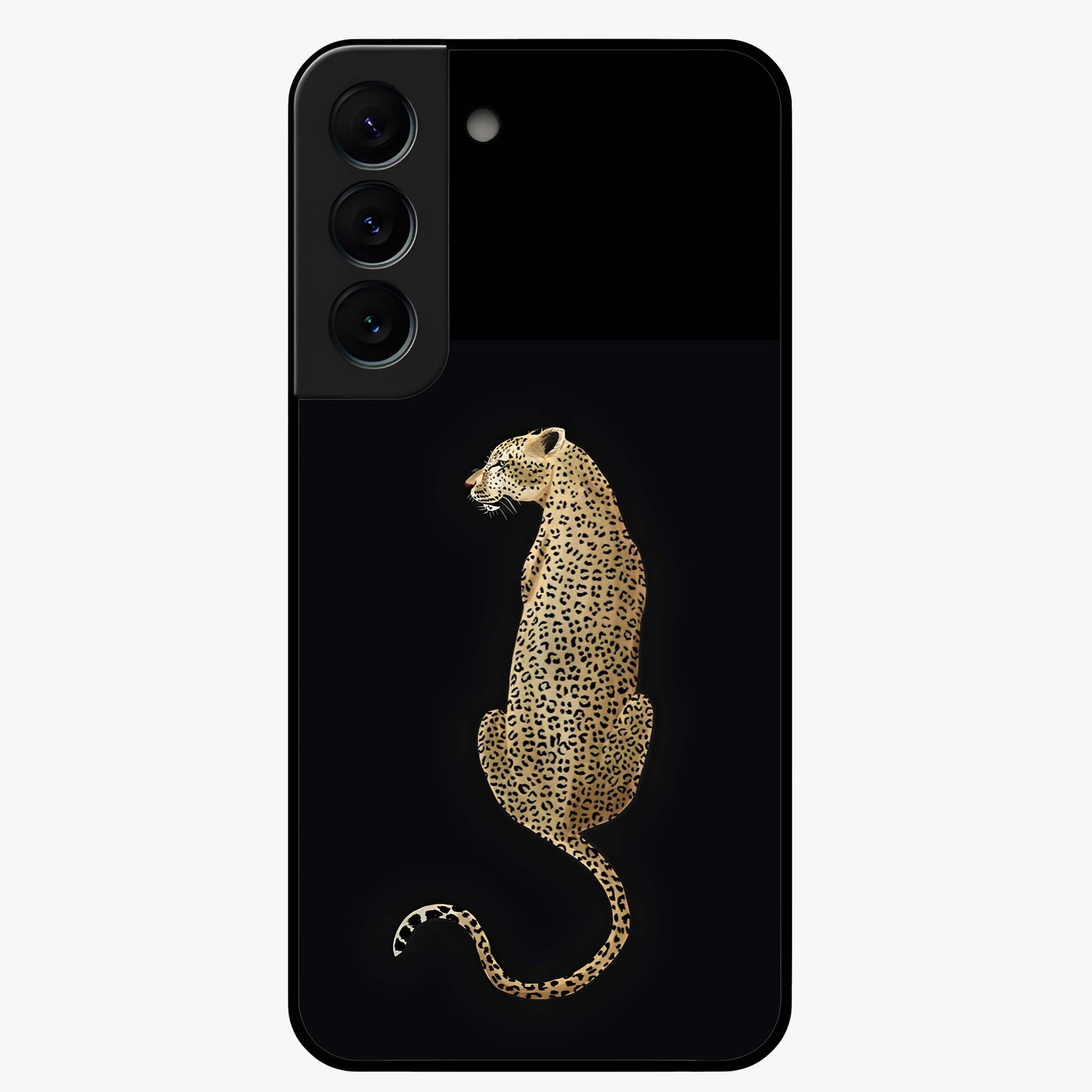 Regal Leopard Glass Case showing flat back view with bold leopard artwork and glossy glass finish.