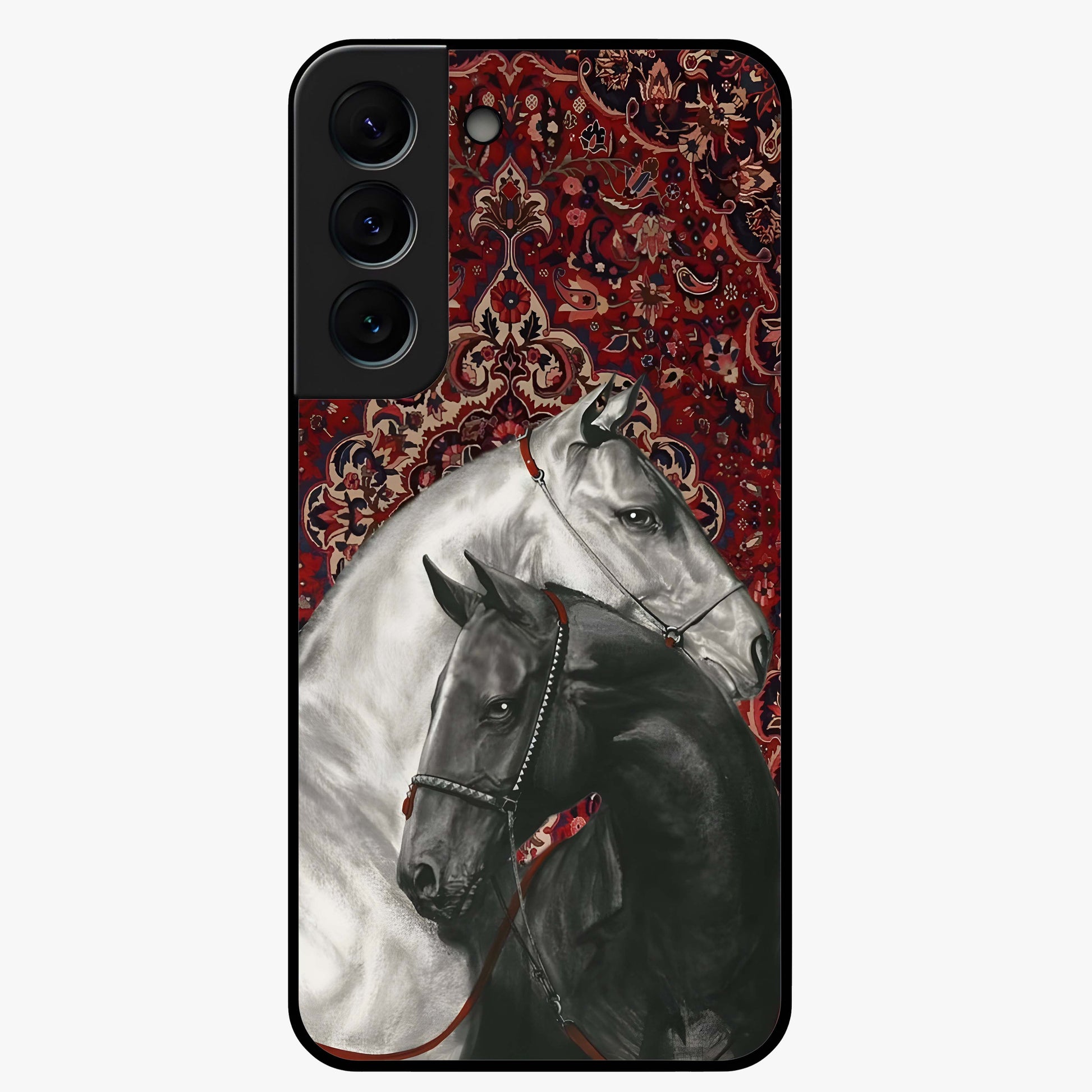 Regal Stallion Tapestry Glass Case showing flat back view with majestic horse tapestry artwork and glossy glass finish.