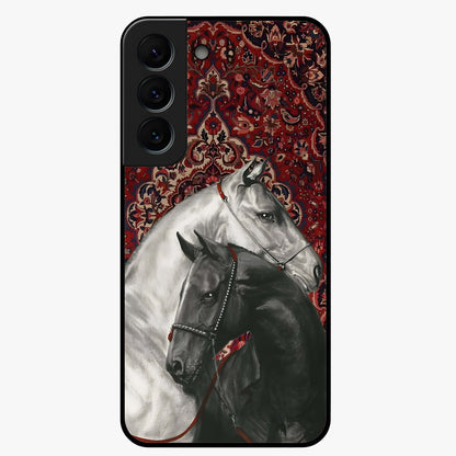 Regal Stallion Tapestry Glass Case showing flat back view with majestic horse tapestry artwork and glossy glass finish.