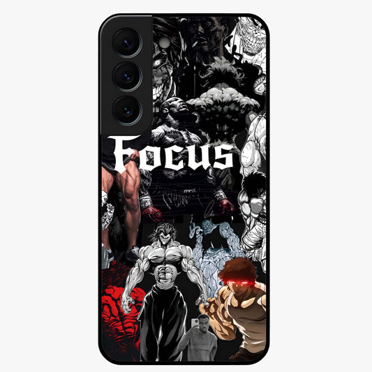 Relentless Power Focus Glass Case showing flat back view with motivational typography artwork and glossy glass finish.